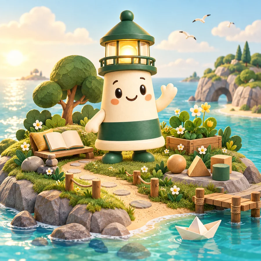 Petit Phare sur une île, entre livres, plantes et formes à explorer